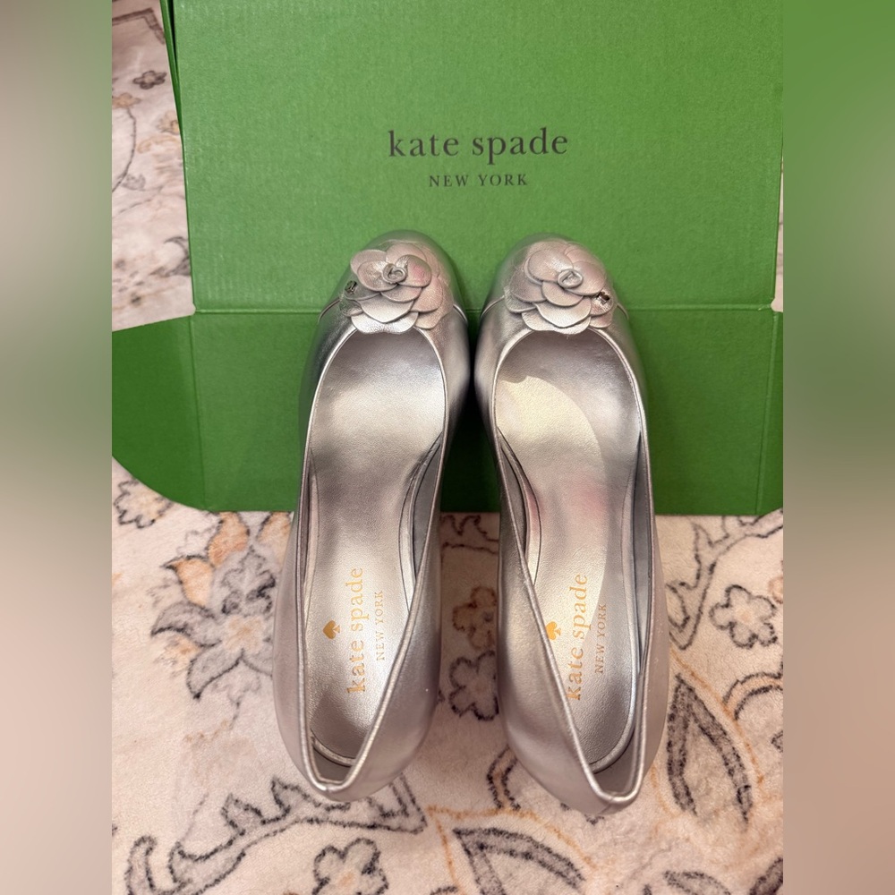 Kate Spade Metallic Silver Heels with Floral Accent